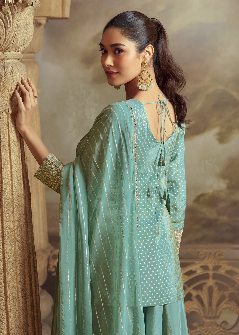 Green Short Shirt Style Wedding Festive Palazzo Suit - Image 3