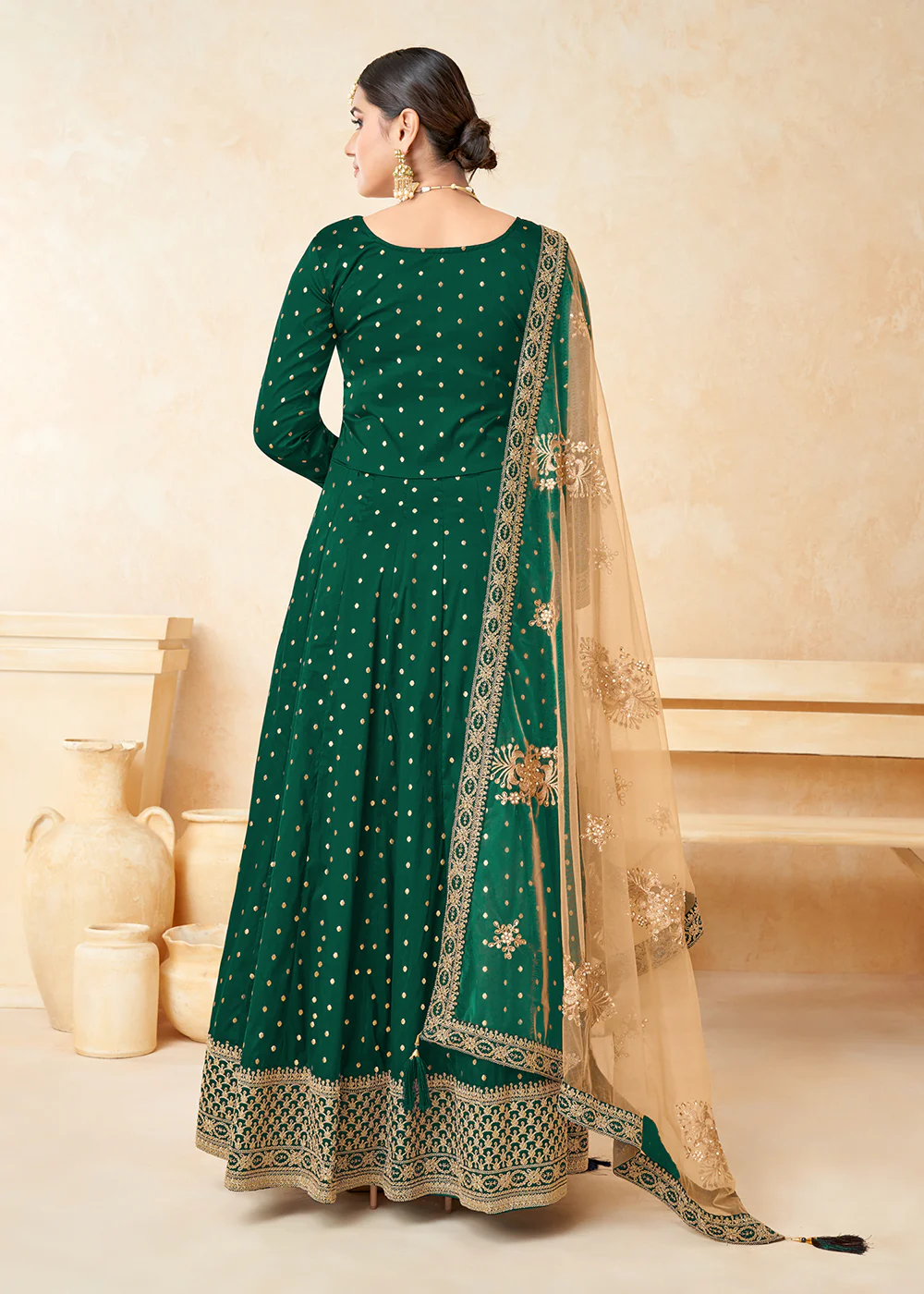 Green Silk Embroidered Indian Ethnic Wear Anarkali Dress - Image 3