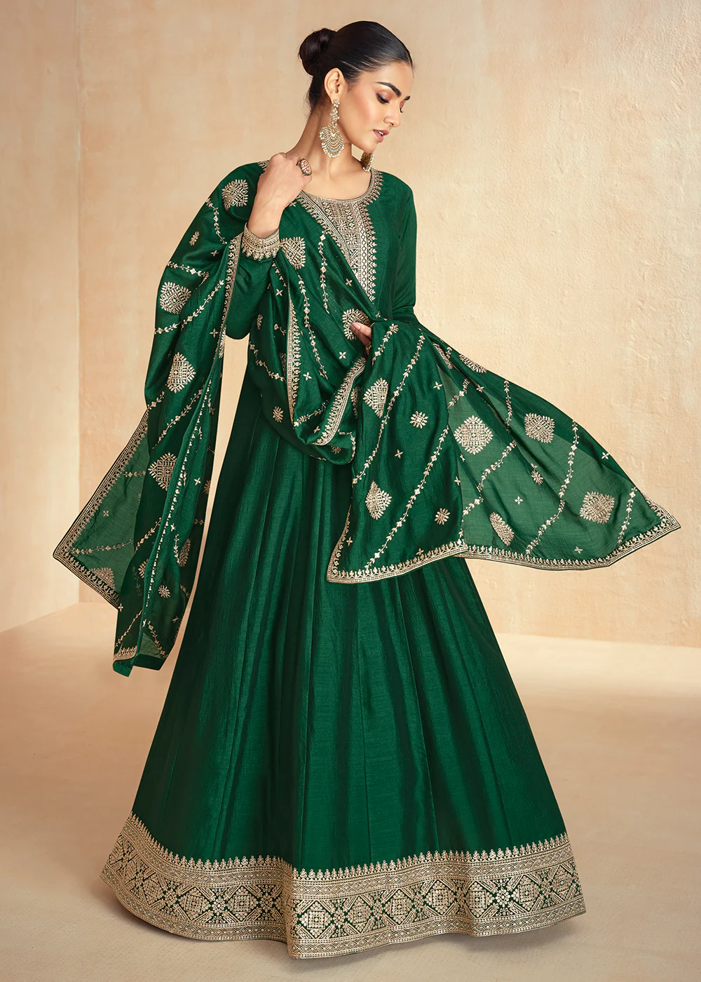 Green Silk Embroidered Wedding Party Anarkali Suit