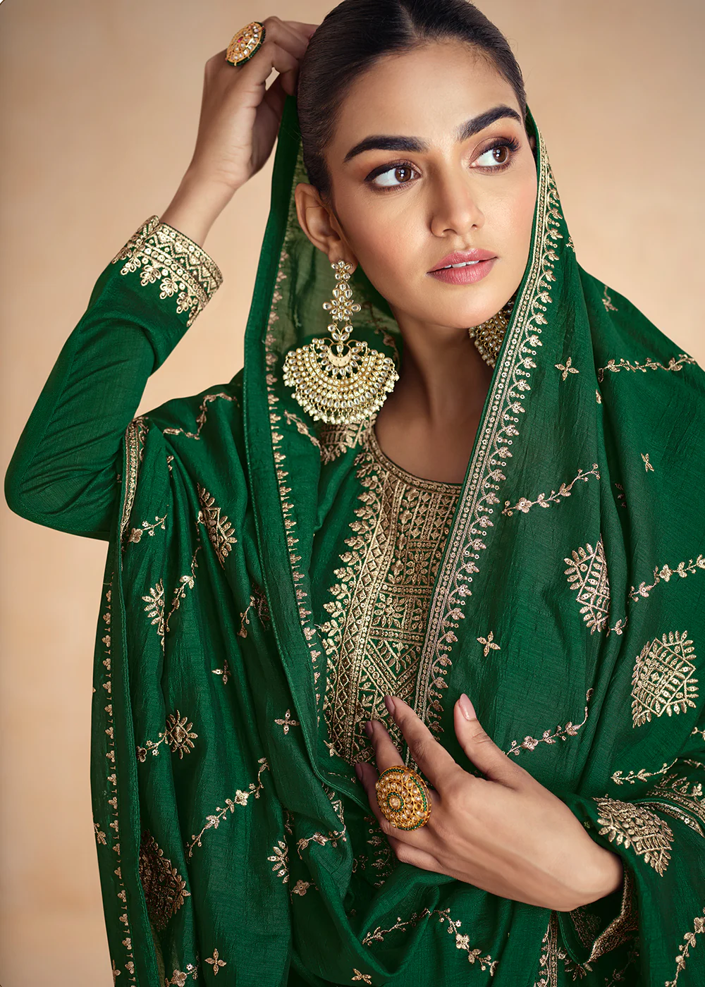 Green Silk Embroidered Wedding Party Anarkali Suit - Image 2