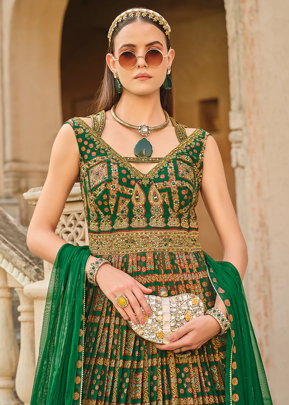 Green Silk Foil Printed & Embroidered Traditional Gown - Image 2