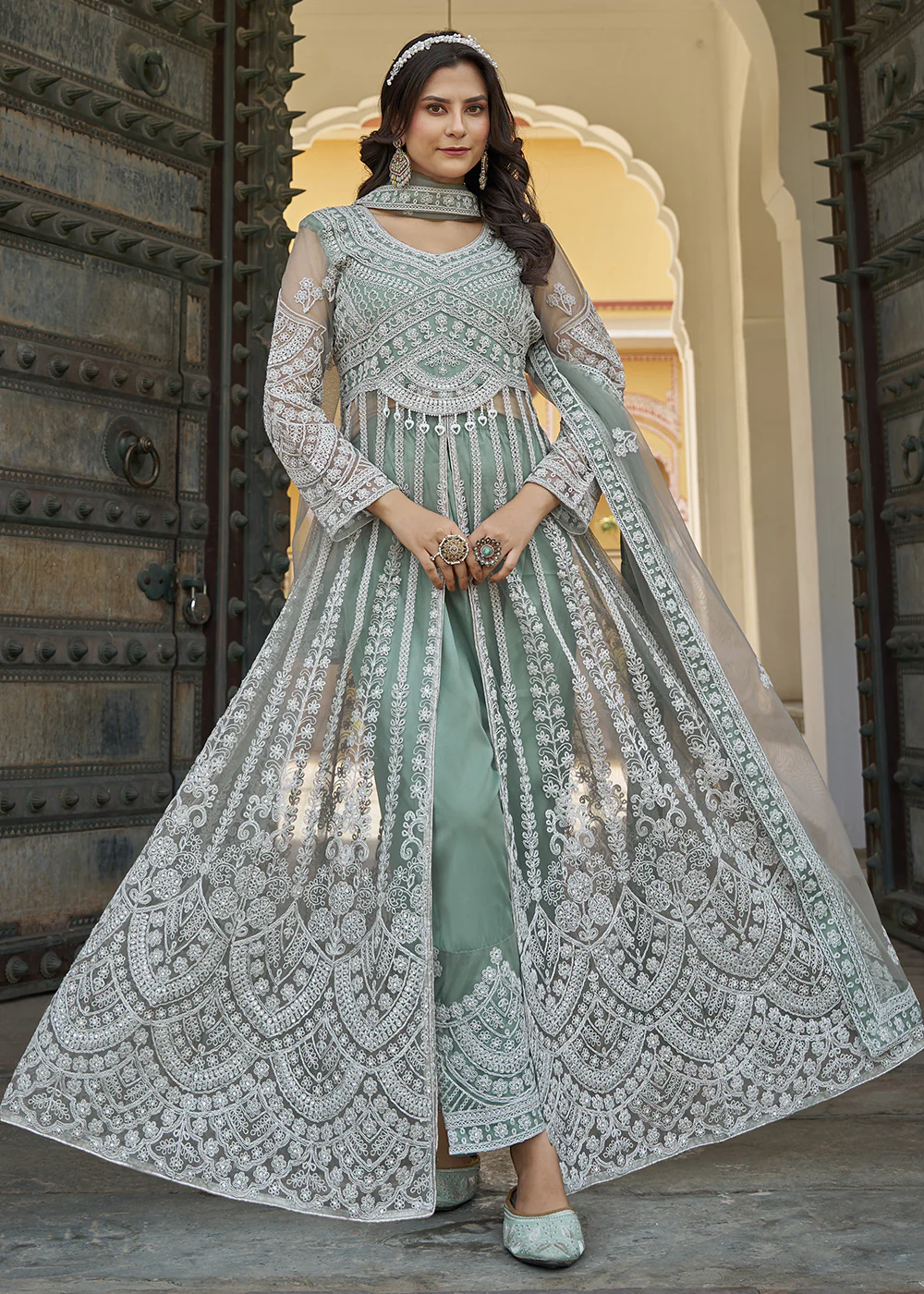Green Slit Style Skirt & Pant Style Anarkali Suit