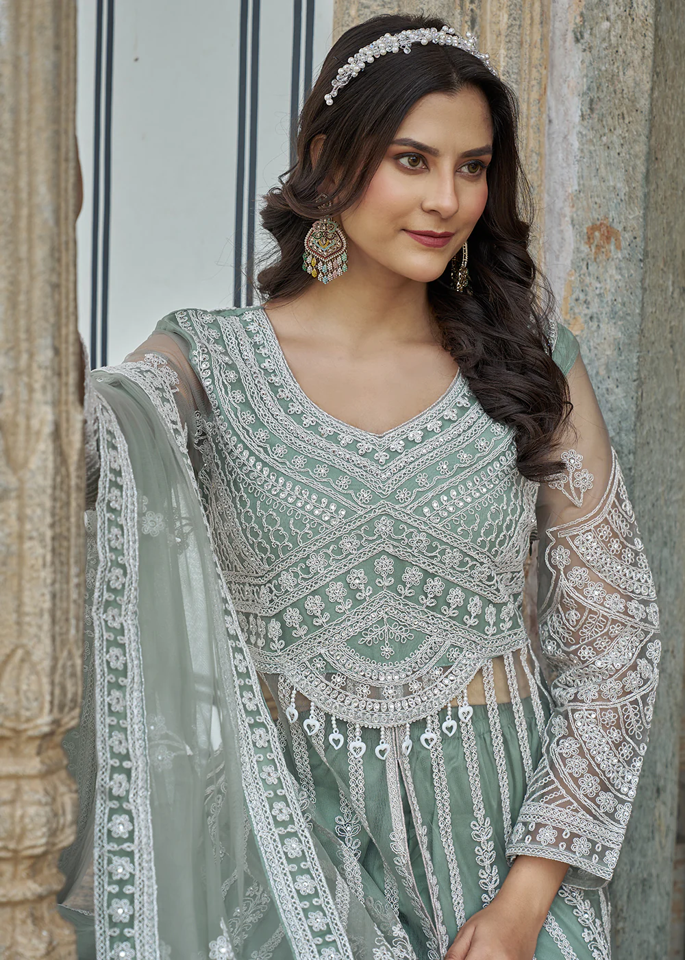 Green Slit Style Skirt & Pant Style Anarkali Suit - Image 2