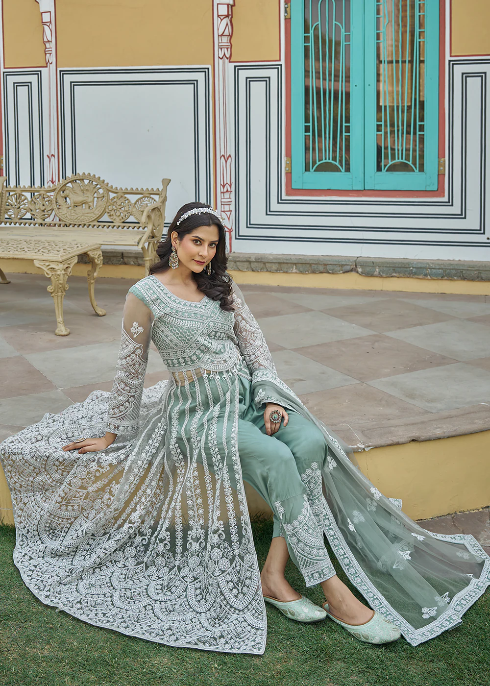 Green Slit Style Skirt & Pant Style Anarkali Suit - Image 3