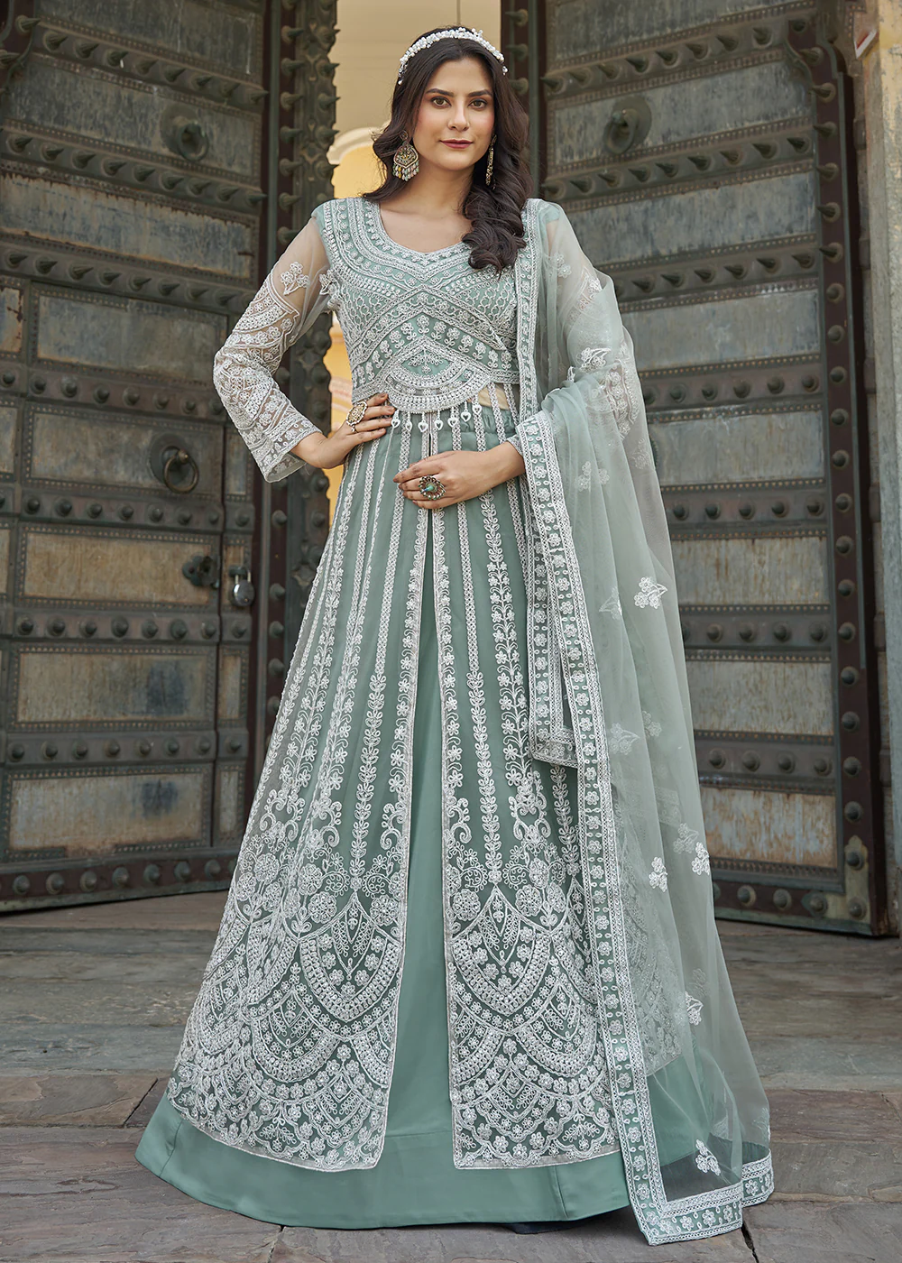 Green Slit Style Skirt & Pant Style Anarkali Suit - Image 4