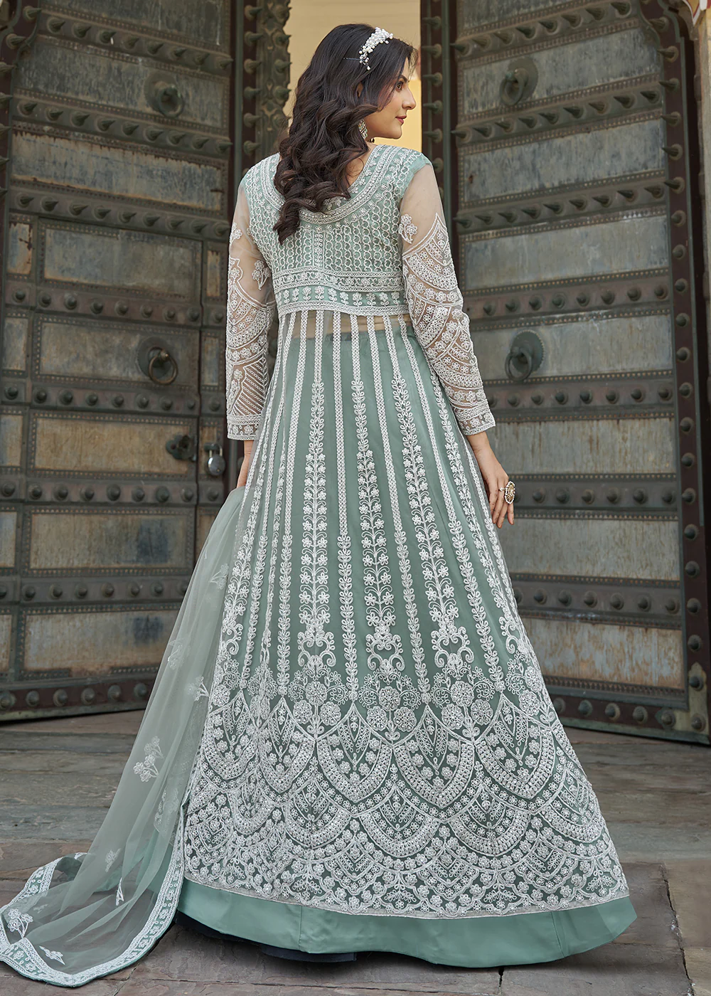 Green Slit Style Skirt & Pant Style Anarkali Suit - Image 5