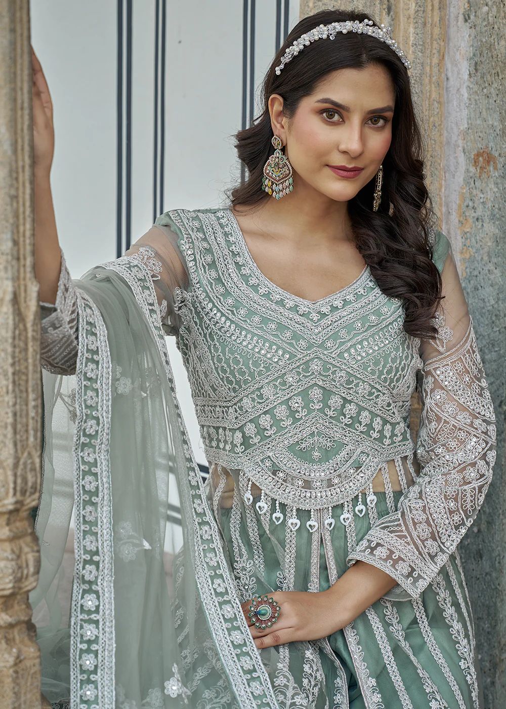 Green Slit Style Skirt & Pant Style Anarkali Suit - Image 6