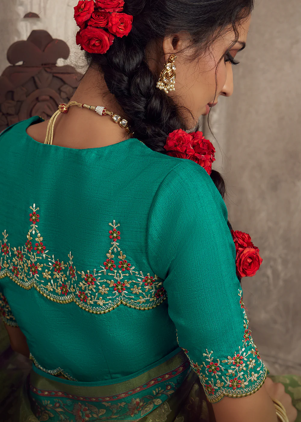 Green Soft Organza Brasso Embroidered Wedding Festive Saree - Image 2