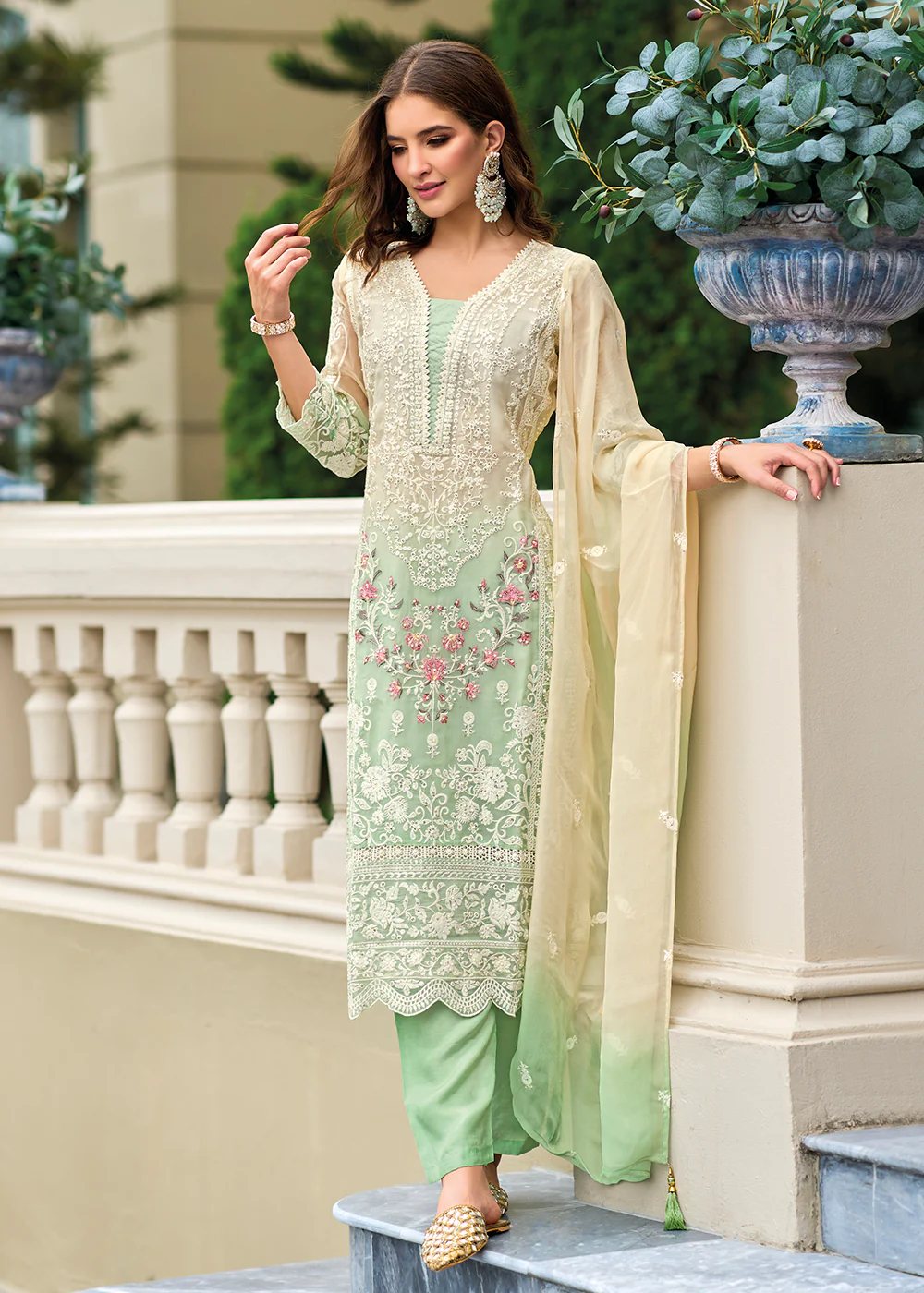 Green Soft Organza Embroidered Designer Salwar Suit - Image 3