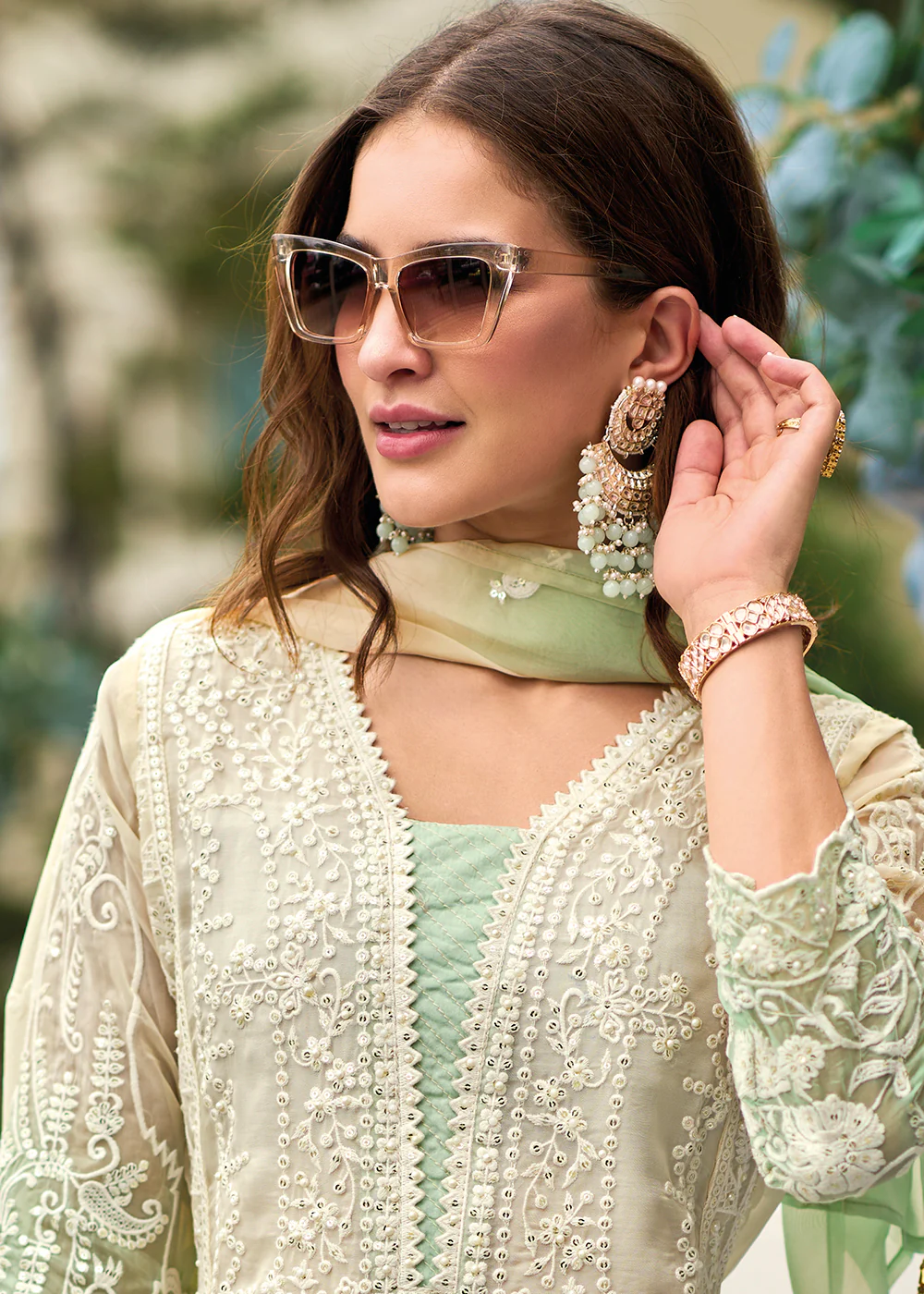 Green Soft Organza Embroidered Designer Salwar Suit - Image 4