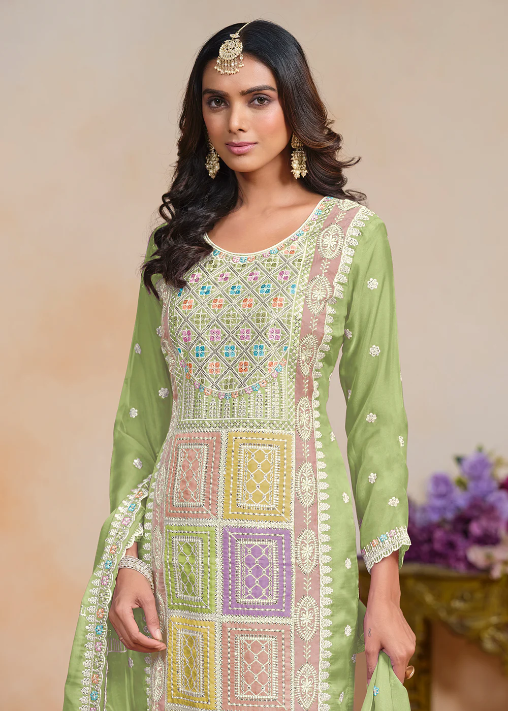 Green Soft Organza Embroidered Festive Pant Style Suit - Image 2