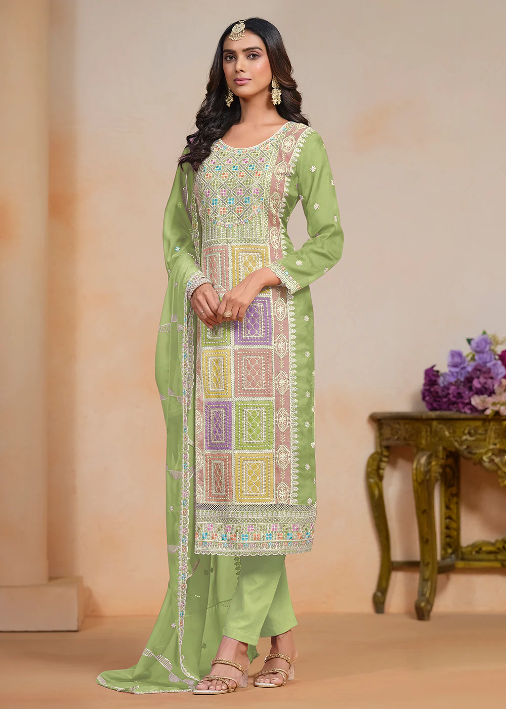 Green Soft Organza Embroidered Festive Pant Style Suit - Image 3