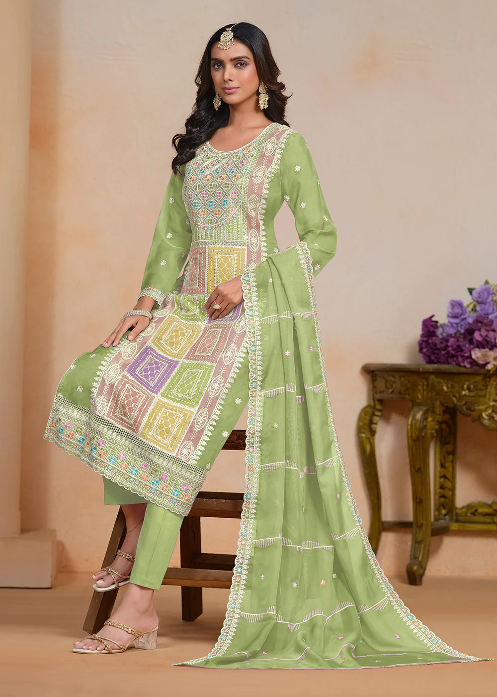 Green Soft Organza Embroidered Festive Pant Style Suit - Image 4