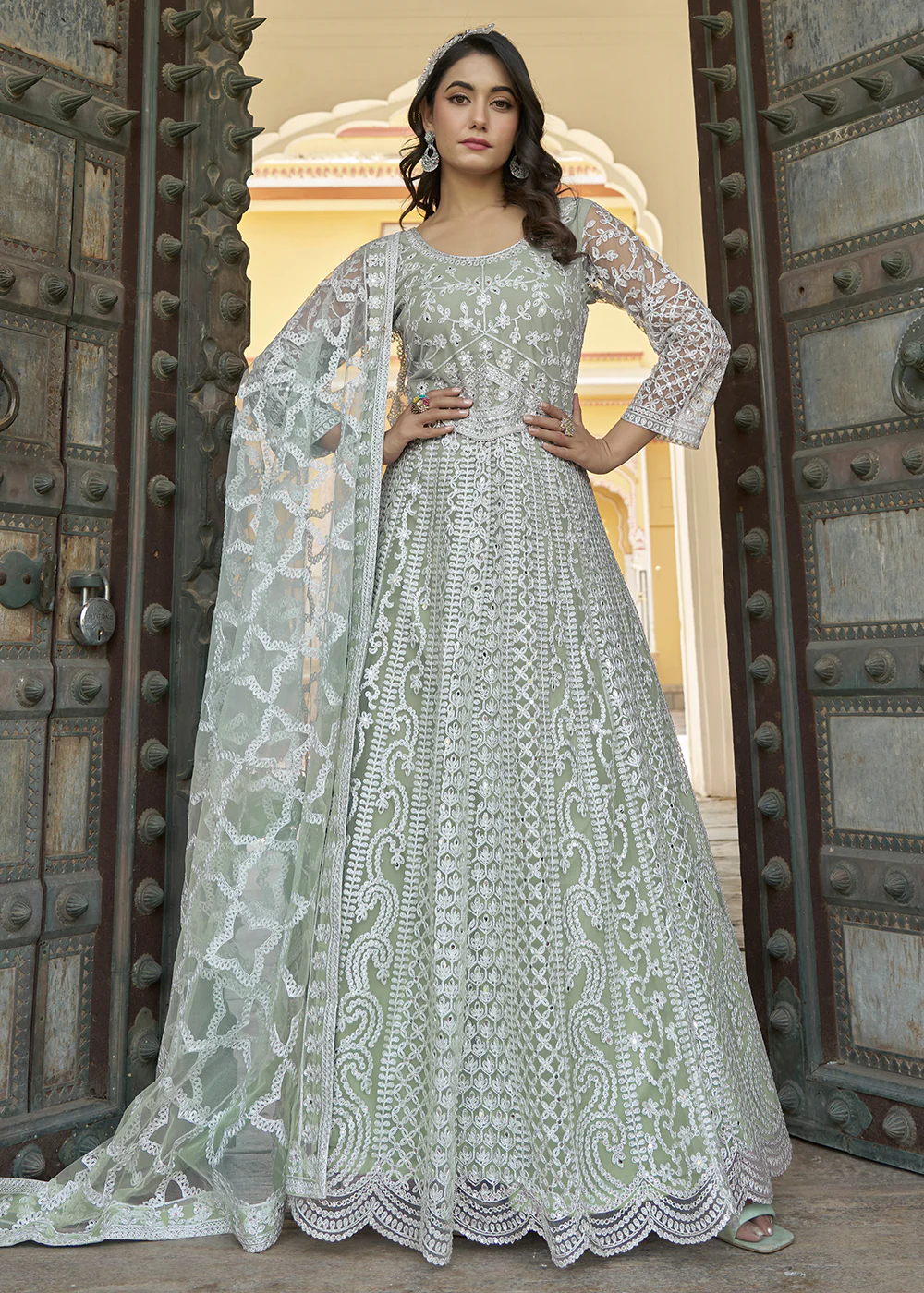 Green Stone & Mirror Work Eid Style Anarkali Suit