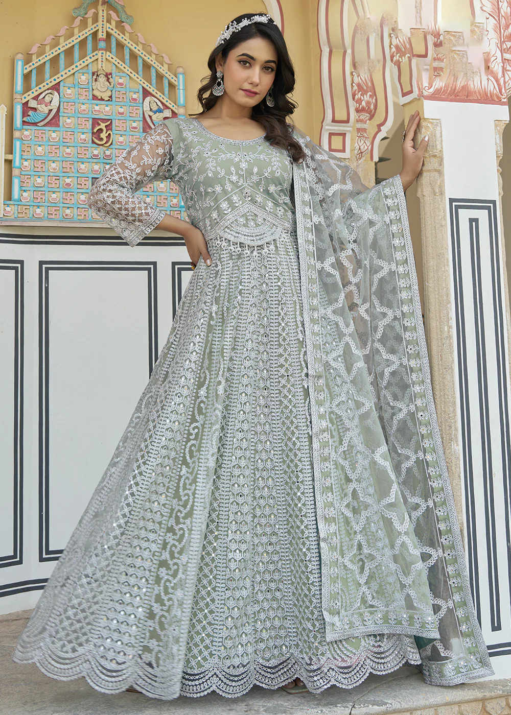 Green Stone & Mirror Work Eid Style Anarkali Suit - Image 4