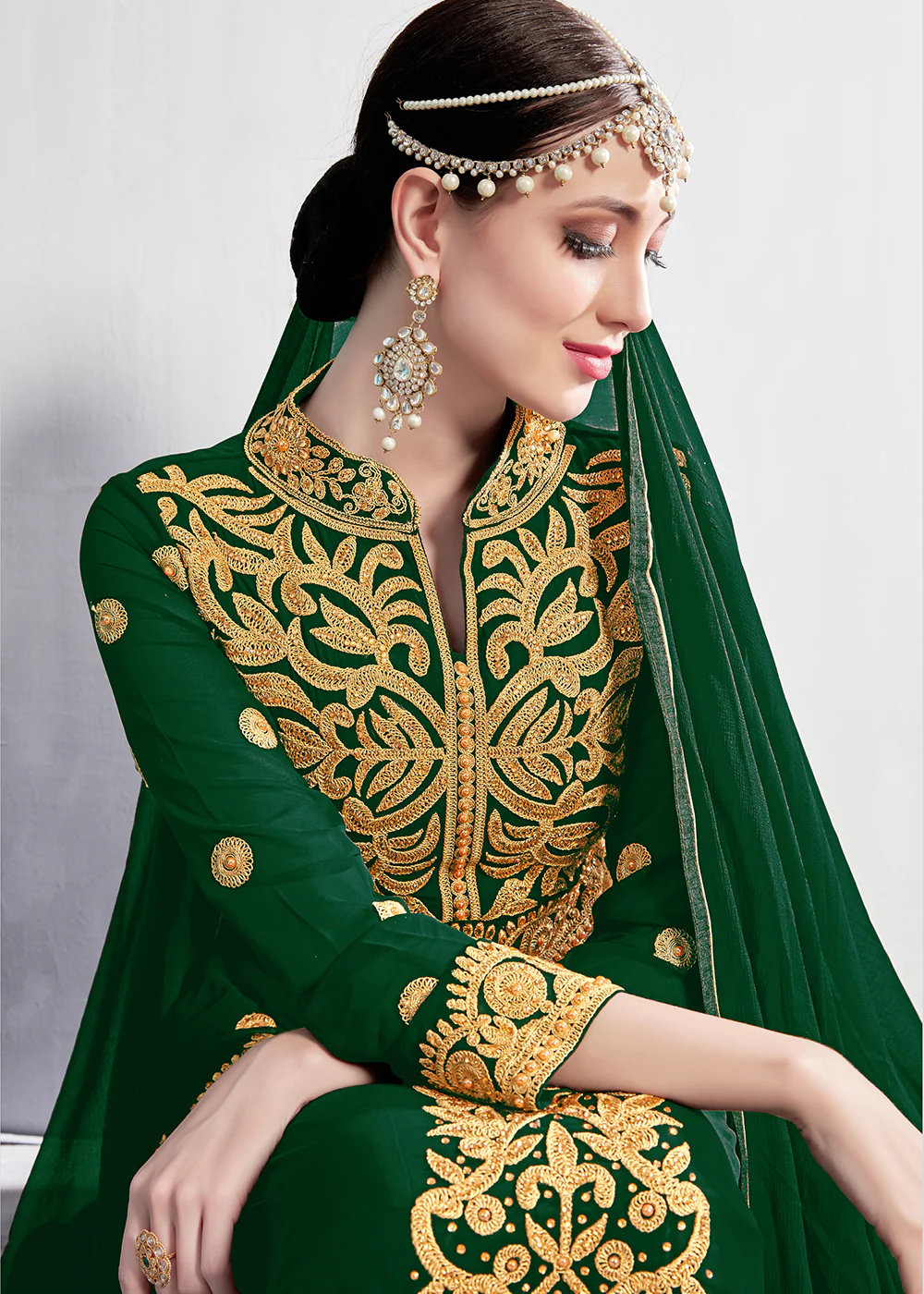Green Stone & Mirror Work Embroidered Anarkali Suit - Image 2