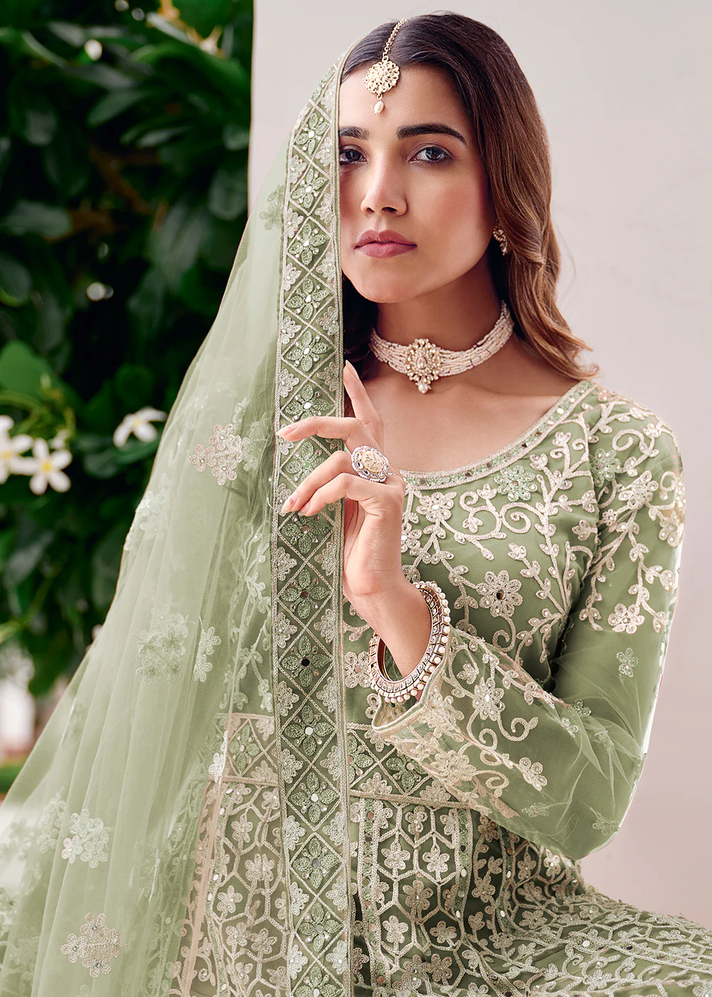 Green Stone & Mirror Work Wedding Anarkali Suit - Image 6