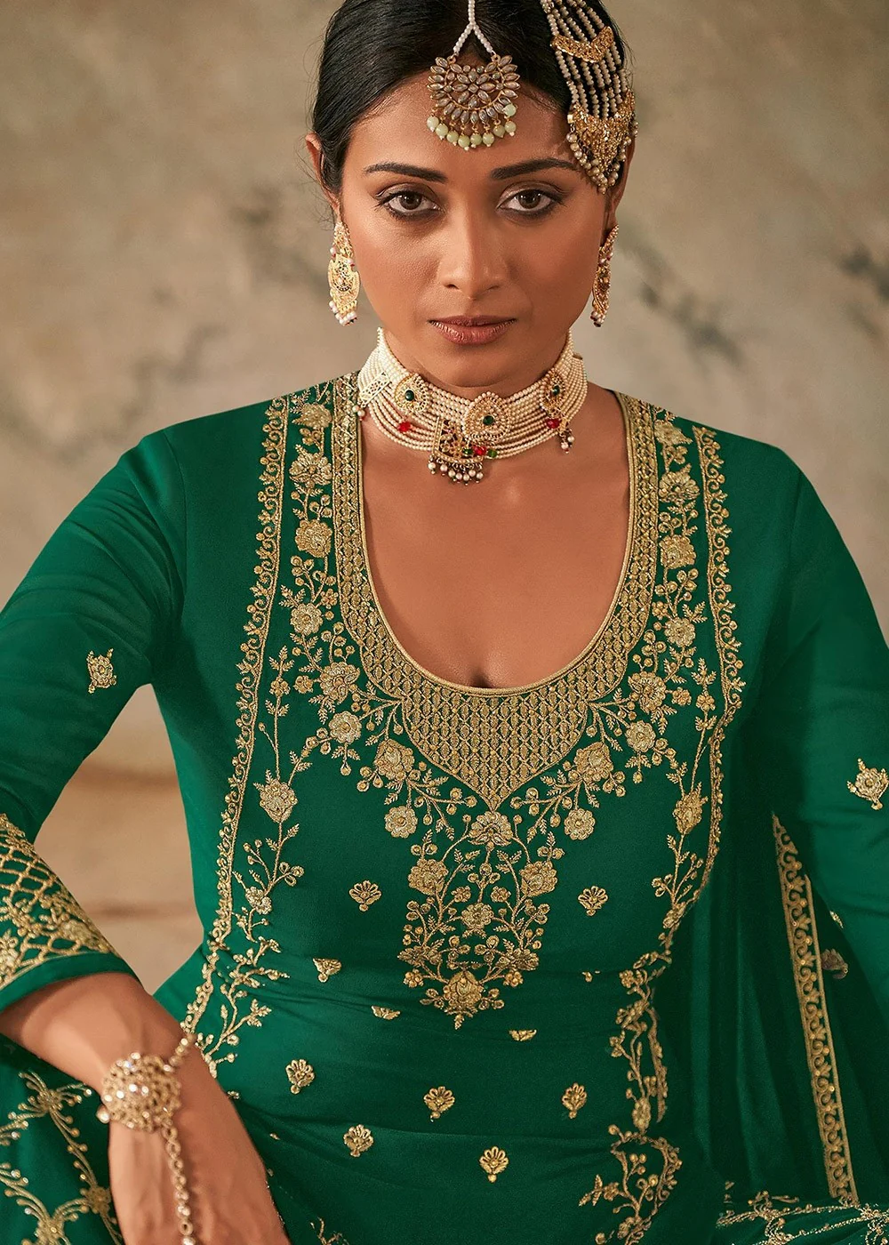 Green Stone Work Embroidered Georgette Sharara Suit - Image 2