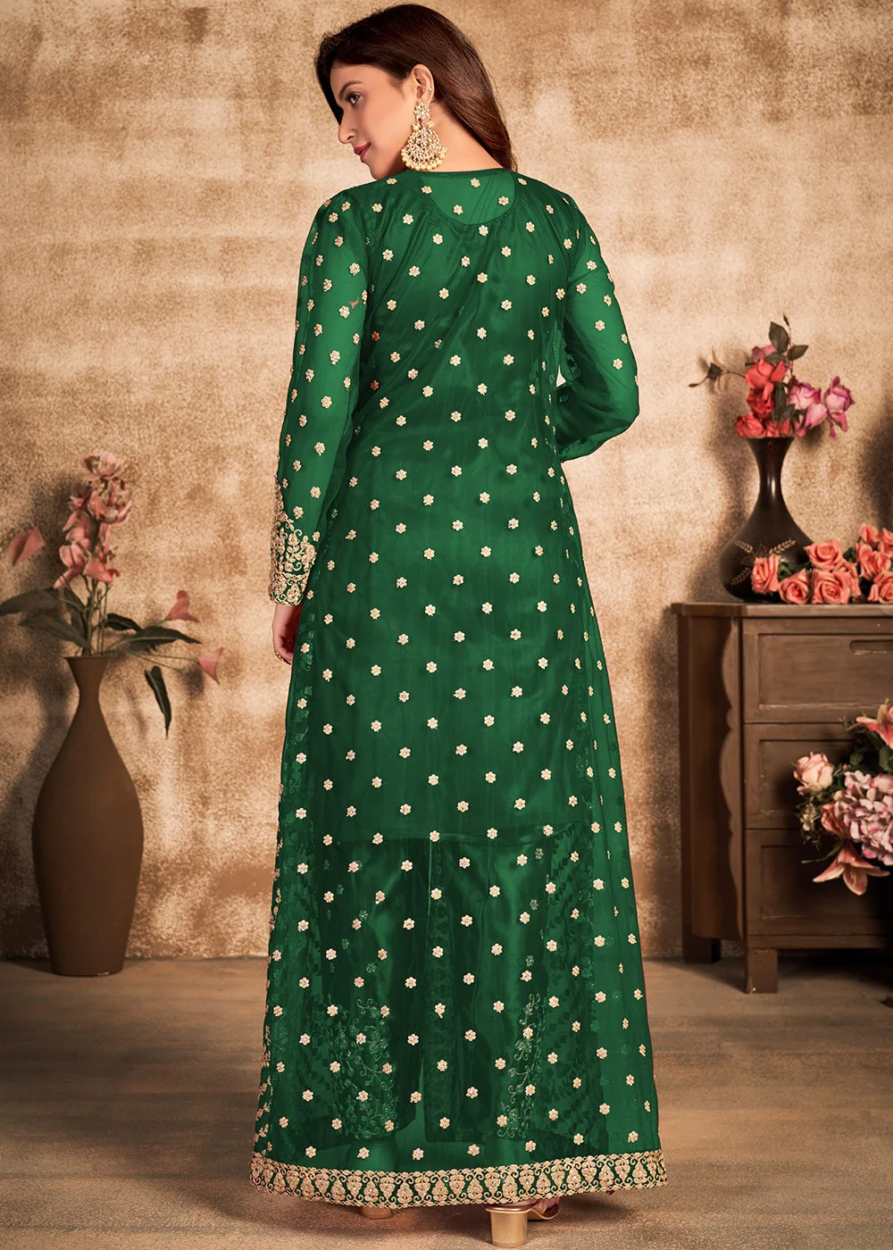 Bottle Green Stone Work Festival Jacket Style Suit - Image 3