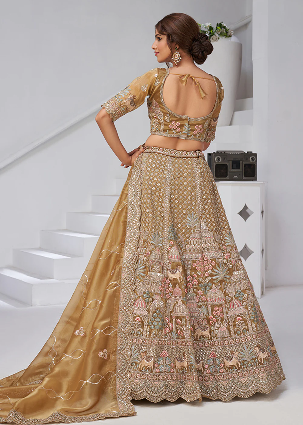 Green Temple & Cow Motifs Bridal Lehenga Choli - Image 3