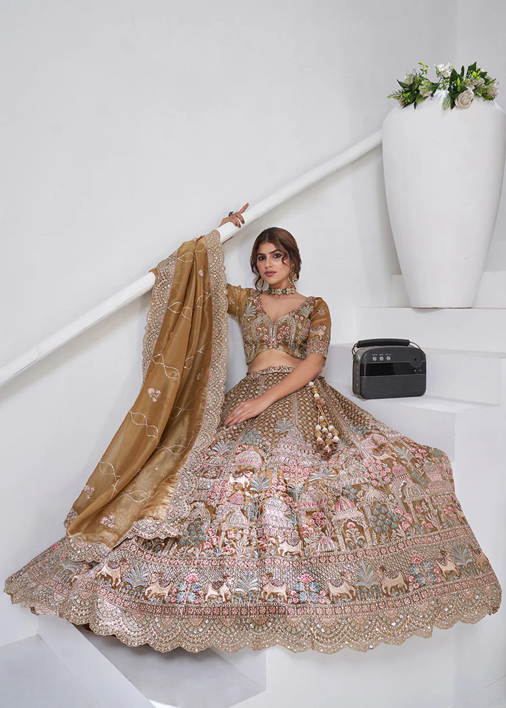 Green Temple & Cow Motifs Bridal Lehenga Choli - Image 4