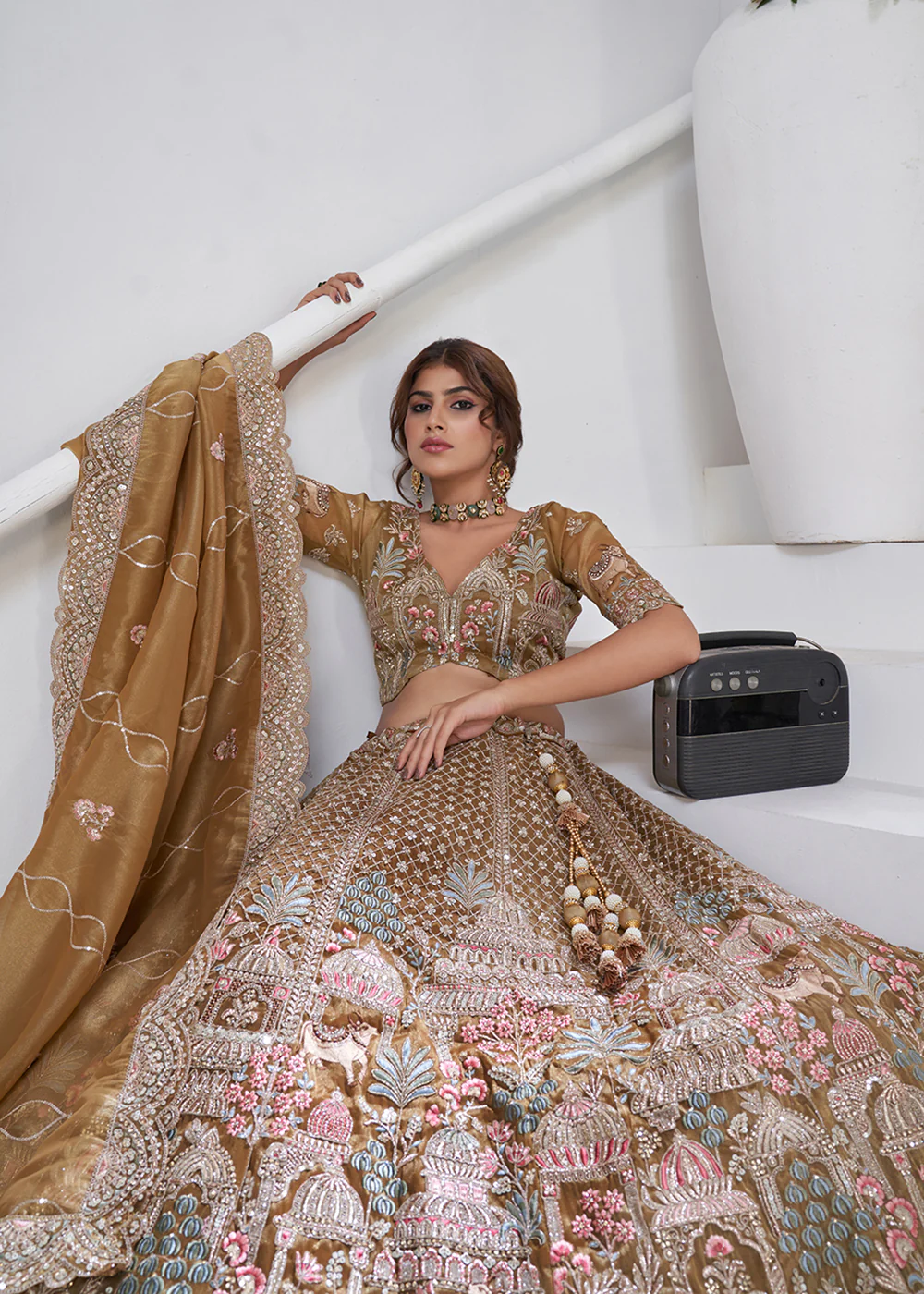 Green Temple & Cow Motifs Bridal Lehenga Choli - Image 5