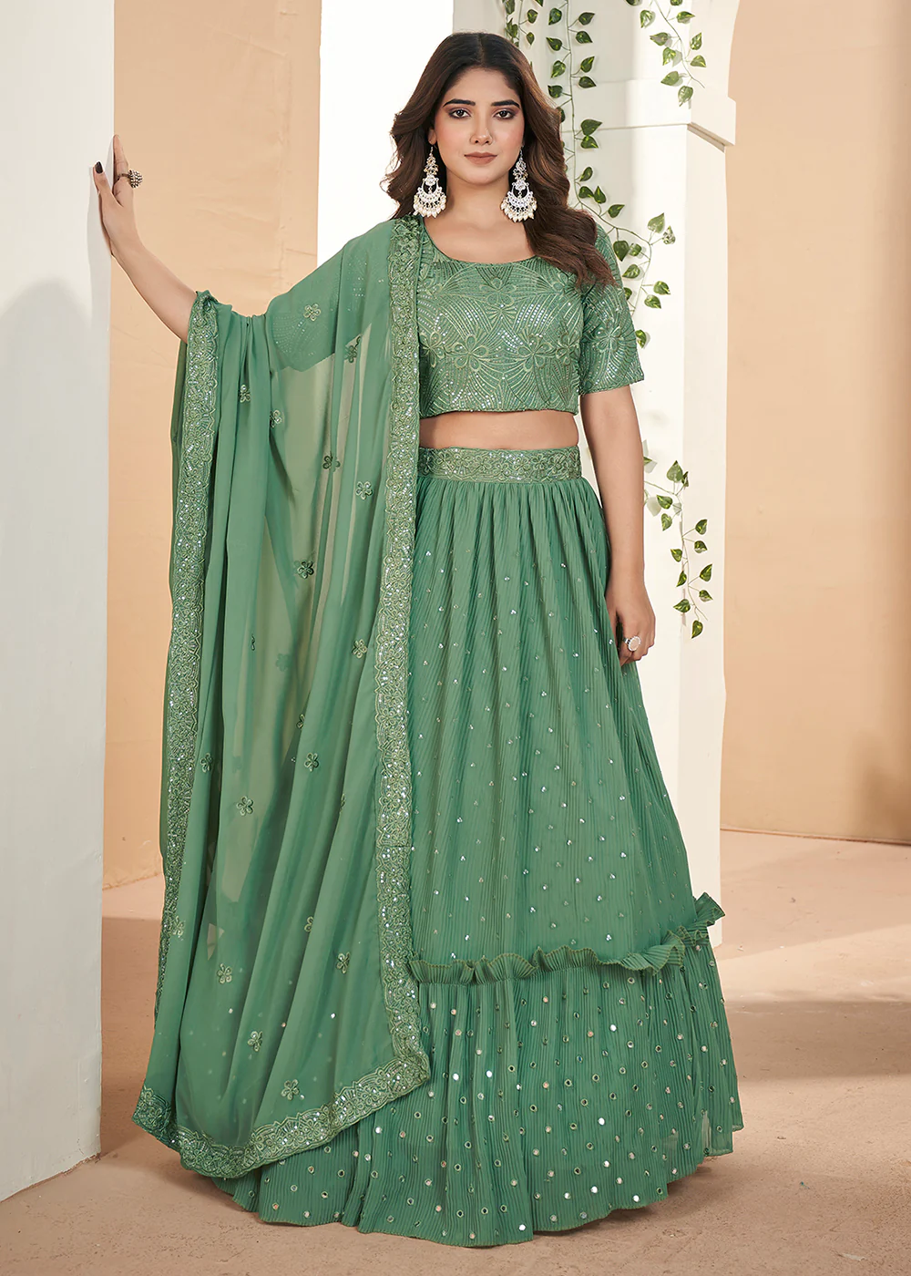 Green Thread & Sequins Wedding Party Lehenga Choli