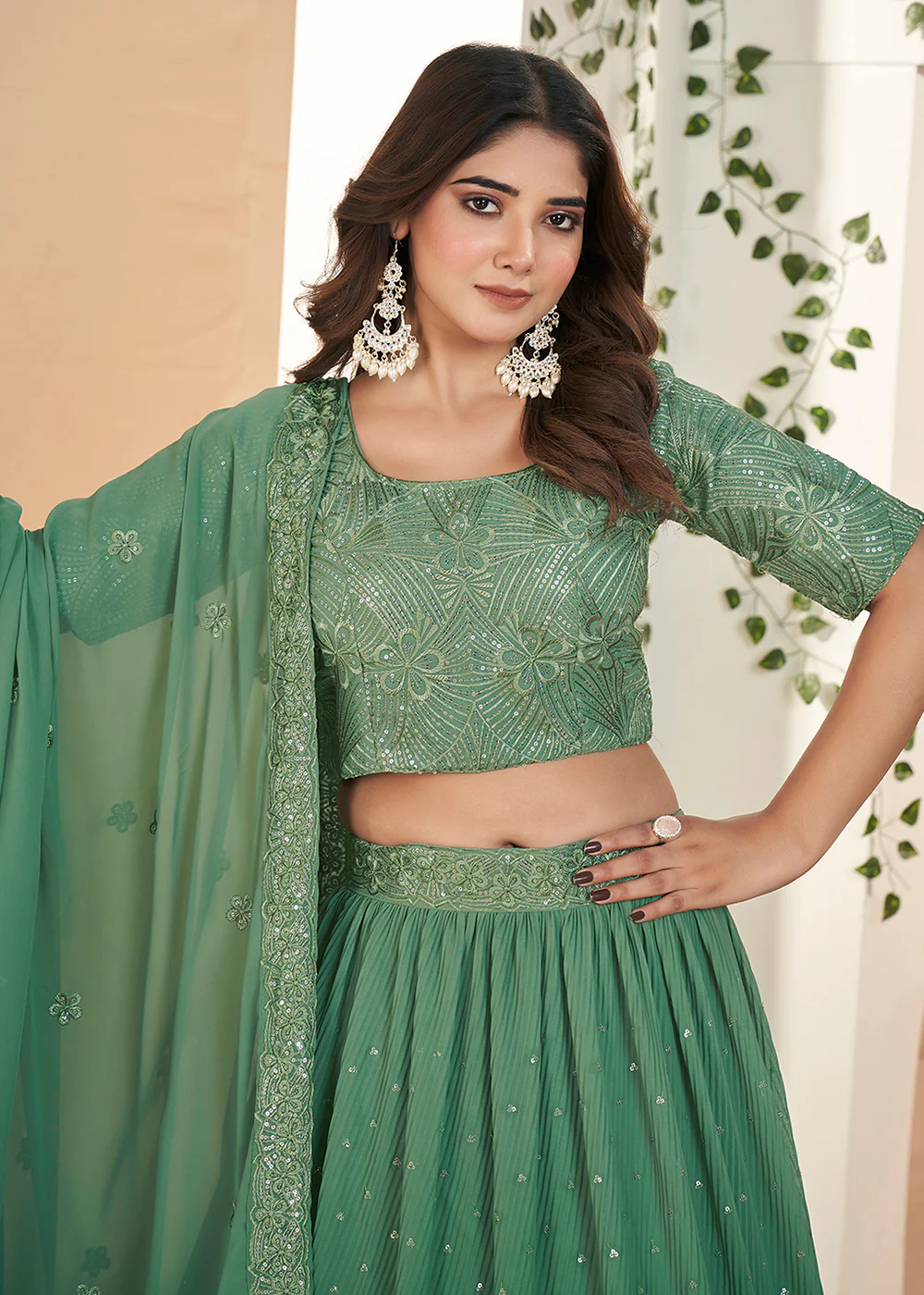 Green Thread & Sequins Wedding Party Lehenga Choli - Image 2