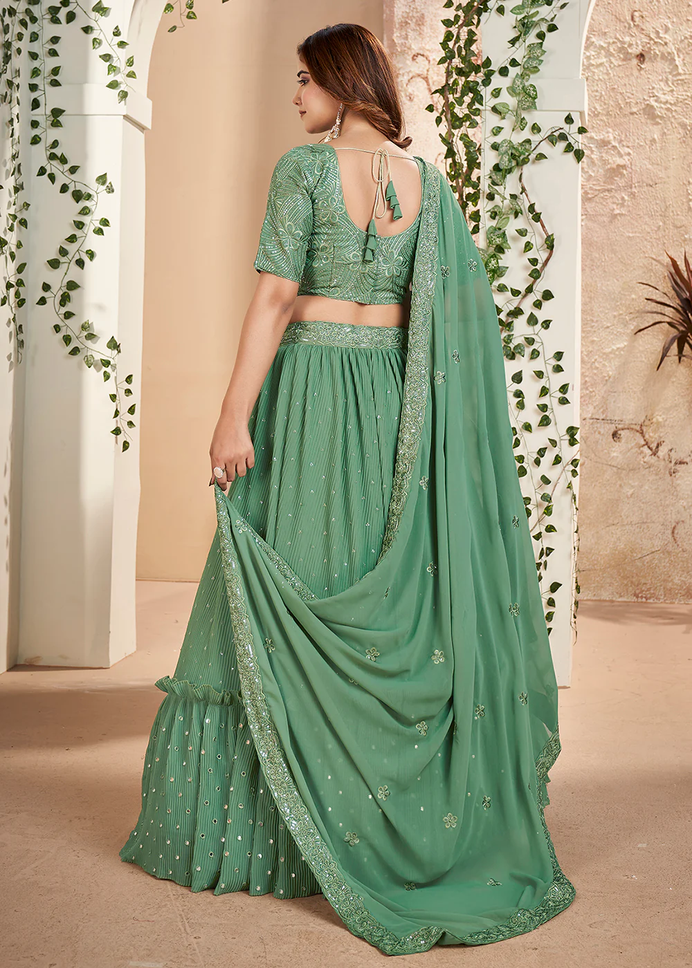 Green Thread & Sequins Wedding Party Lehenga Choli - Image 3