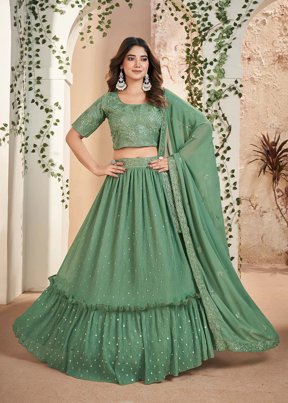 Green Thread & Sequins Wedding Party Lehenga Choli - Image 4