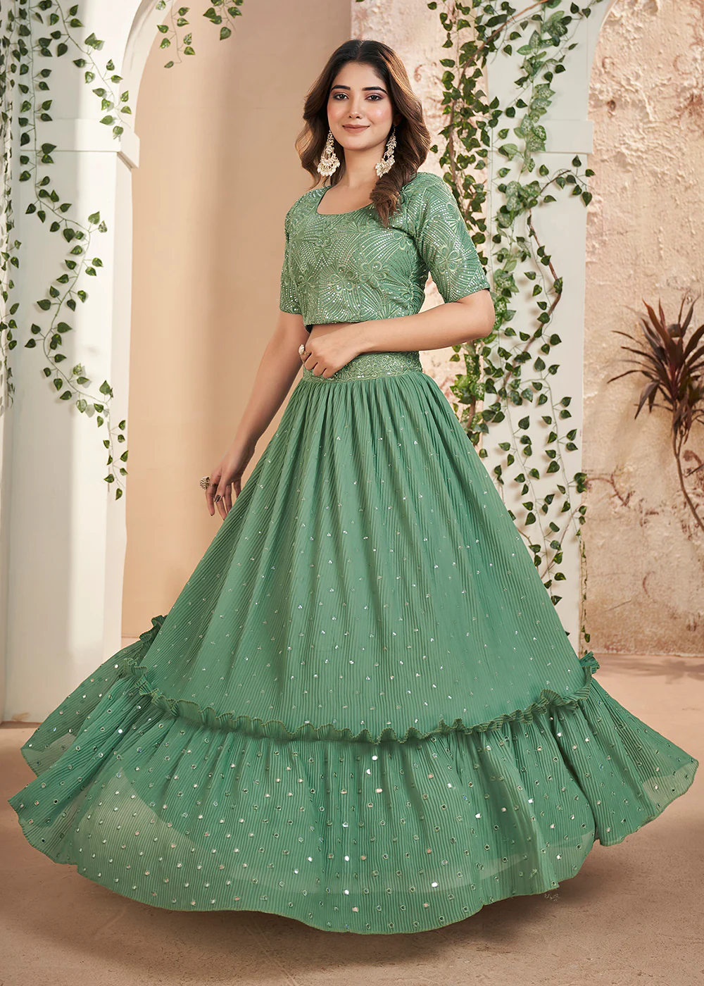 Green Thread & Sequins Wedding Party Lehenga Choli - Image 5
