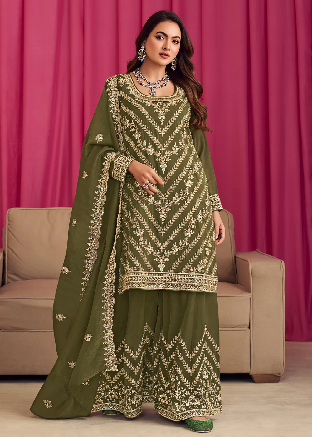 Green Threads & Diamond Work Festive Palazzo Suit
