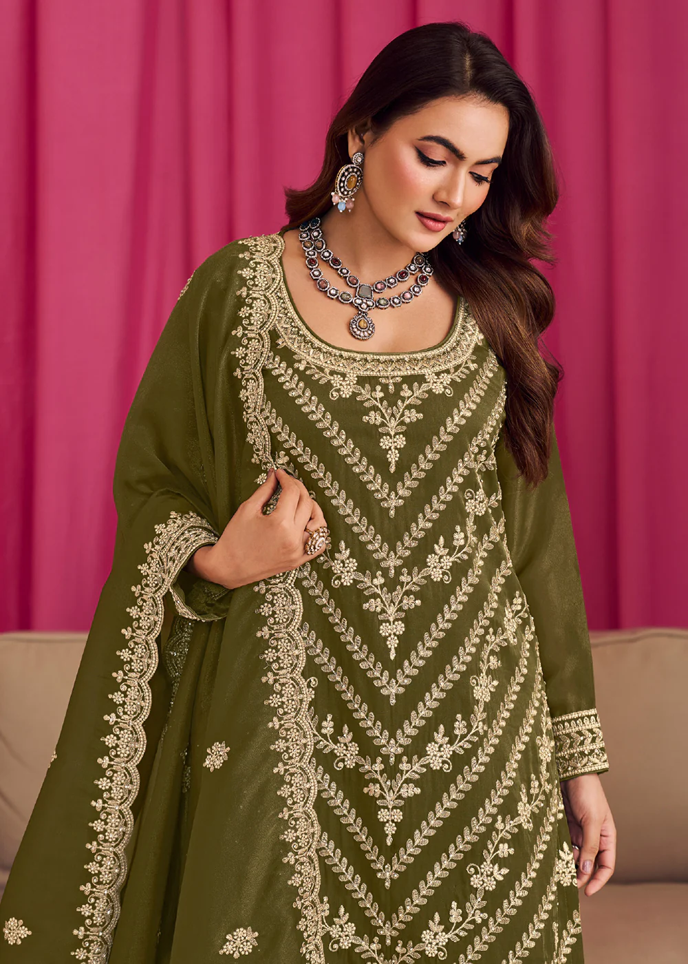 Green Threads & Diamond Work Festive Palazzo Suit - Image 2