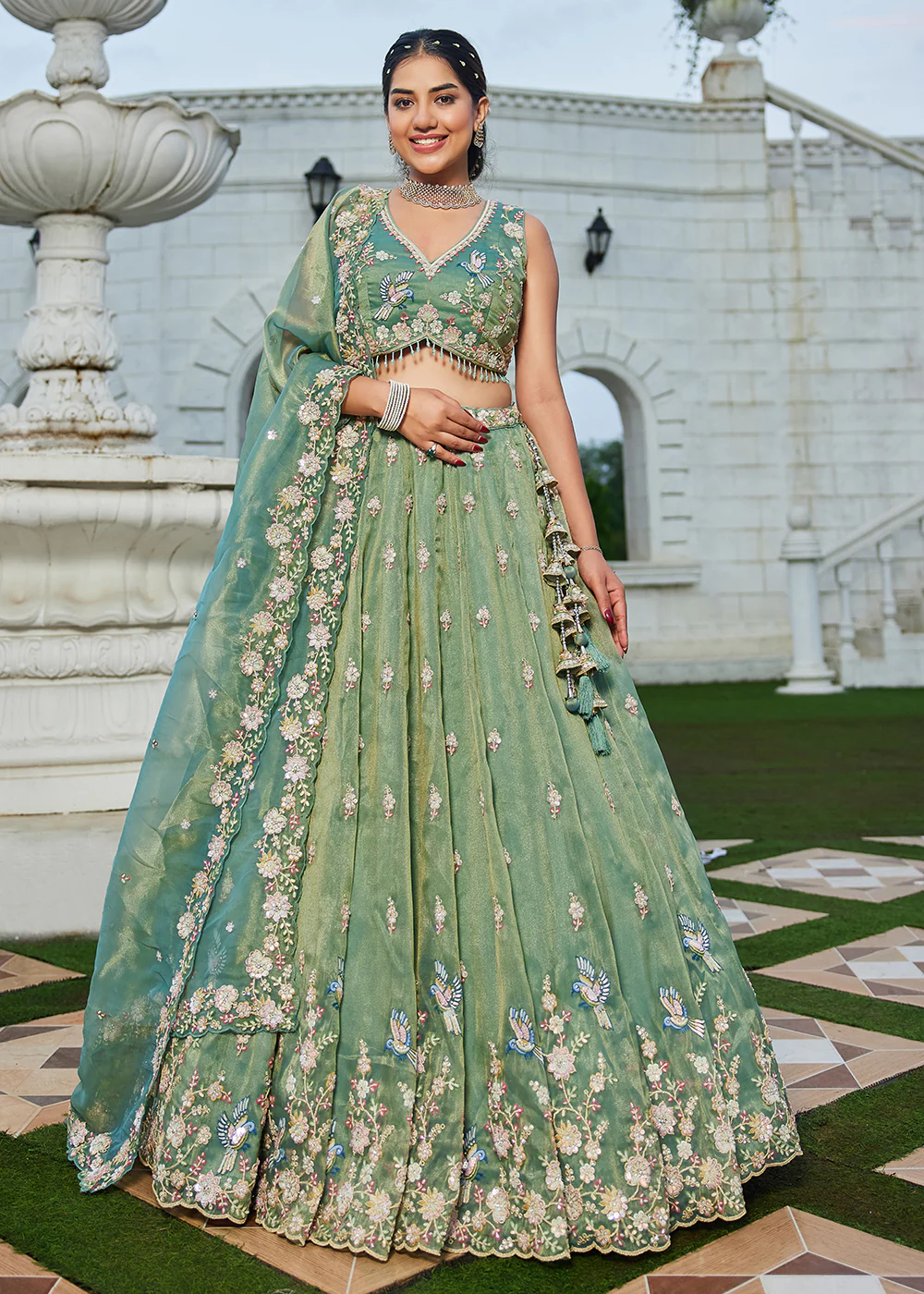 Green Tissue Beads & Threads Wedding Lehenga Choli