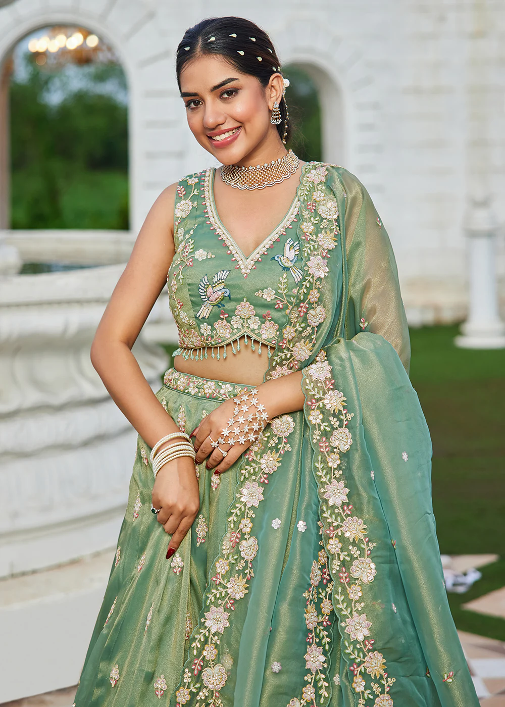 Green Tissue Beads & Threads Wedding Lehenga Choli - Image 2