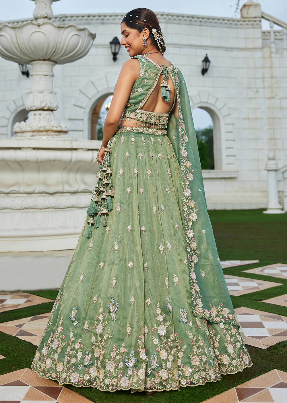 Green Tissue Beads & Threads Wedding Lehenga Choli - Image 3