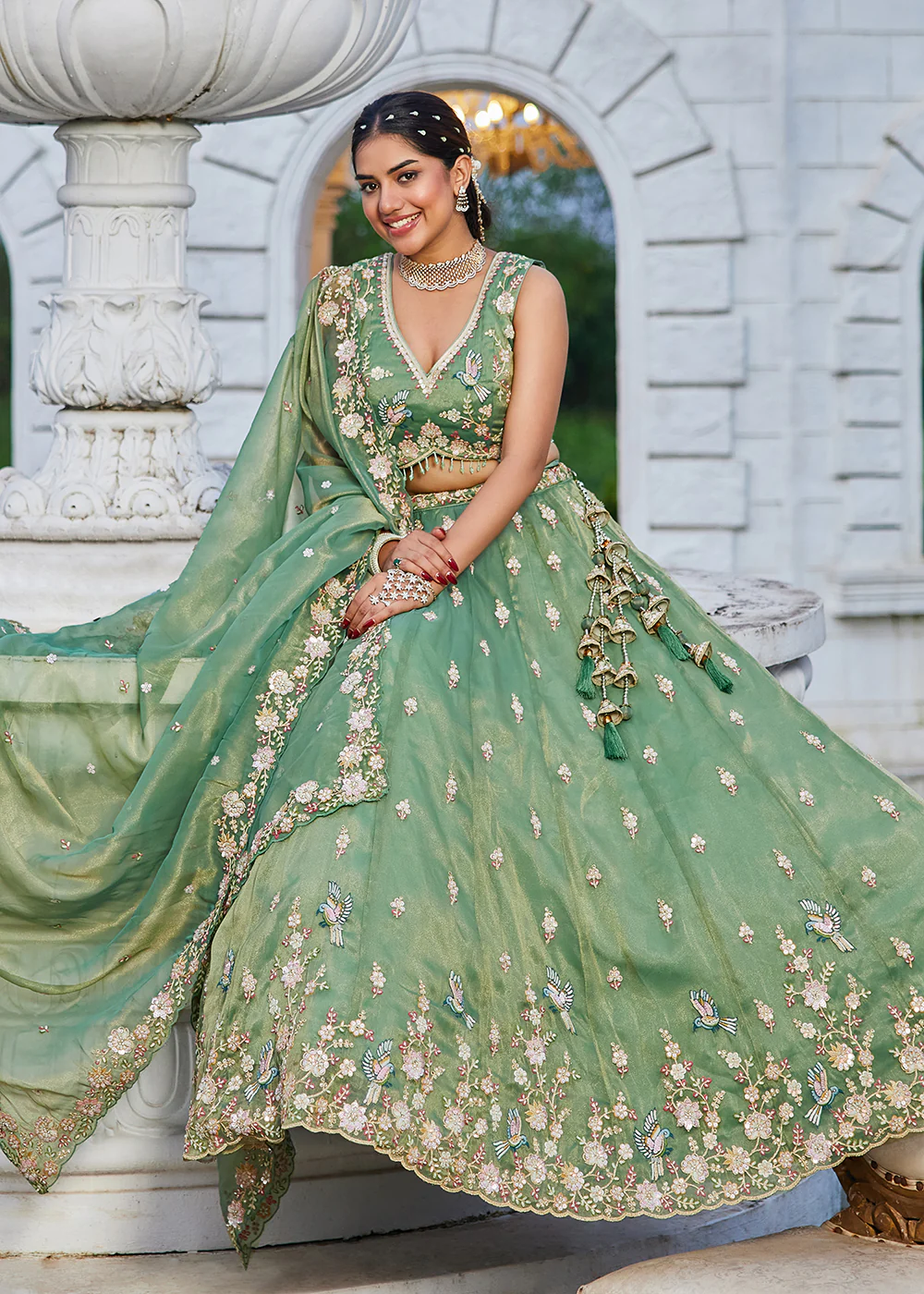 Green Tissue Beads & Threads Wedding Lehenga Choli - Image 4