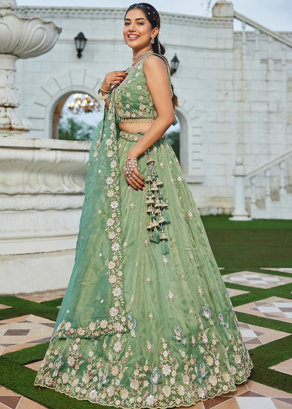 Green Tissue Beads & Threads Wedding Lehenga Choli - Image 5