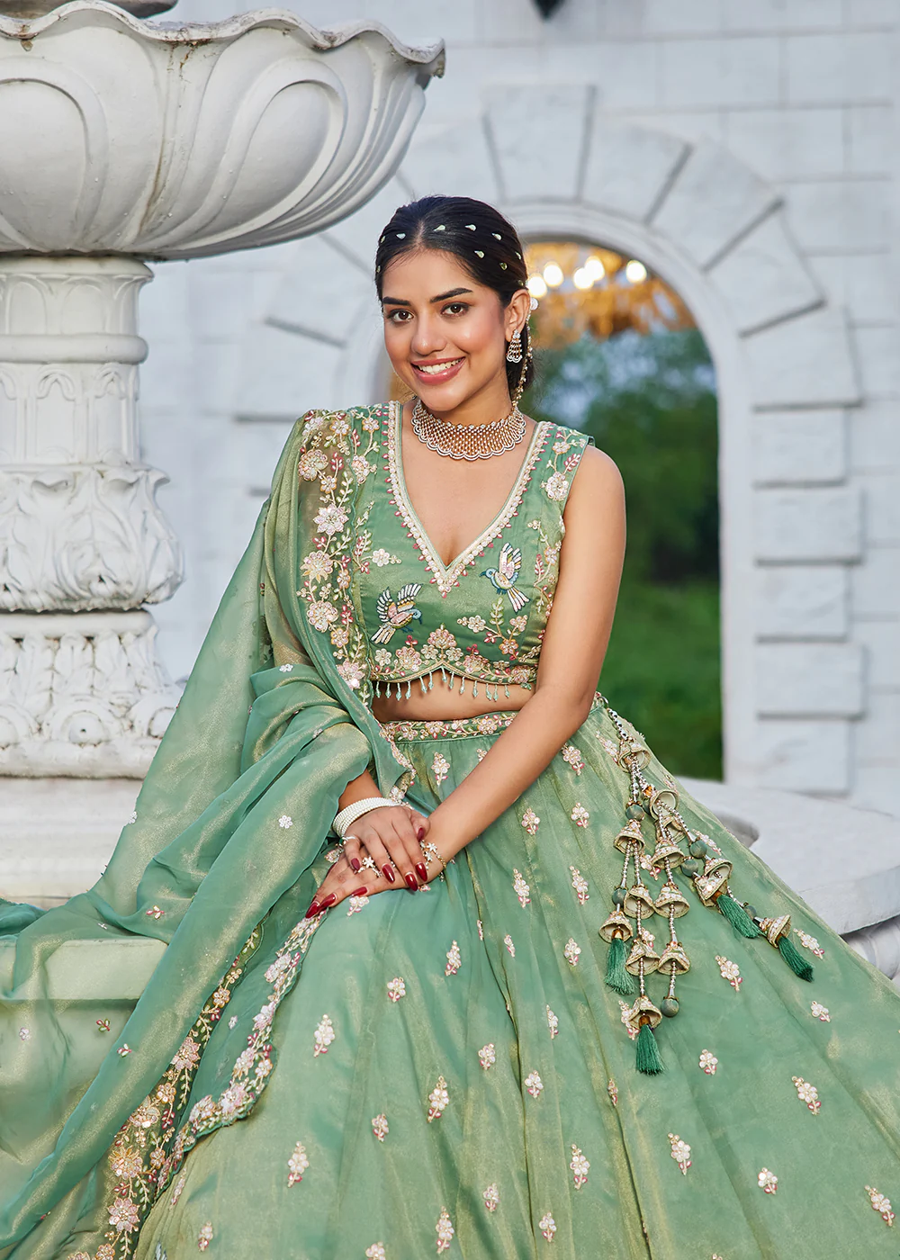 Green Tissue Beads & Threads Wedding Lehenga Choli - Image 6