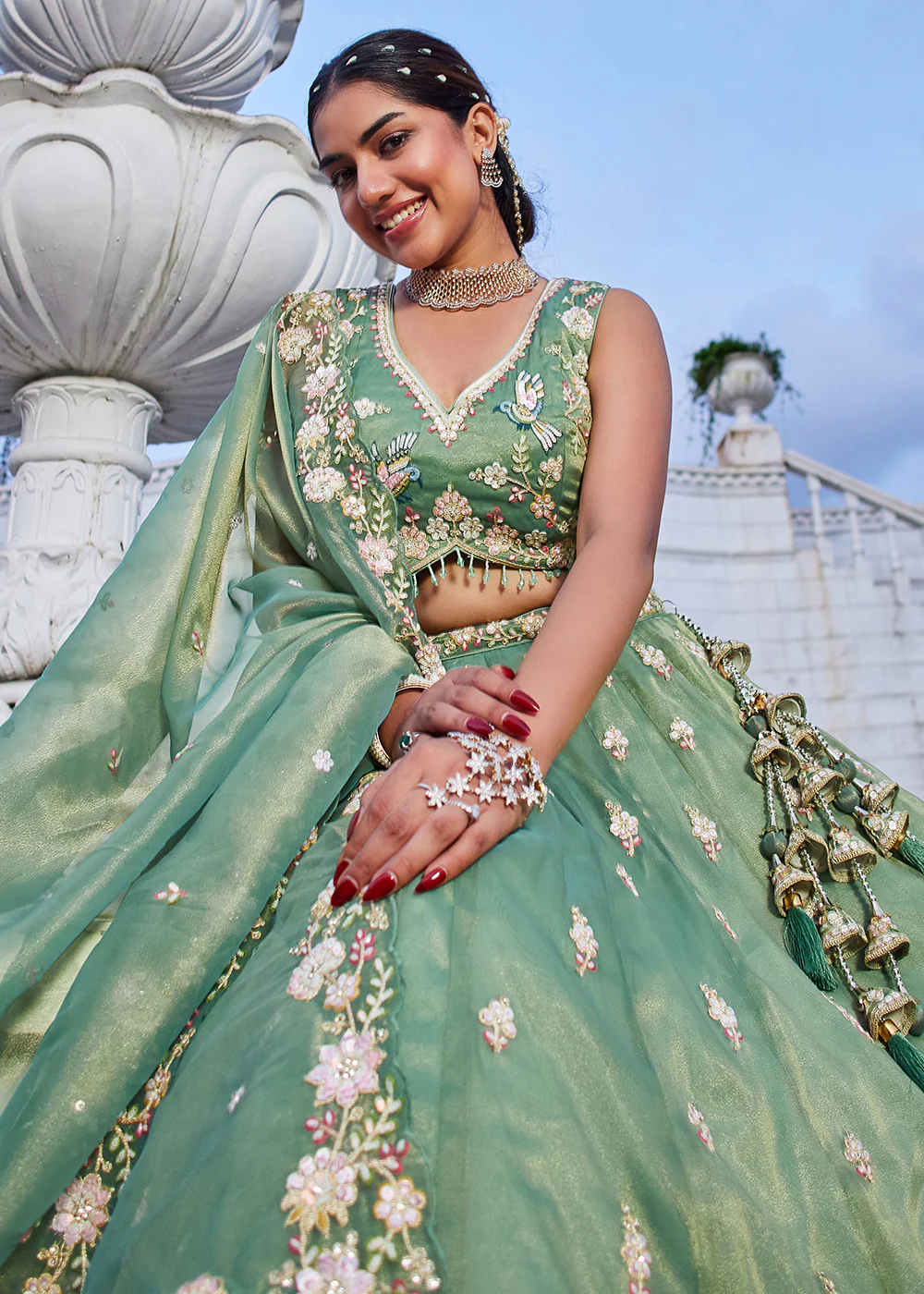 Green Tissue Beads & Threads Wedding Lehenga Choli - Image 7