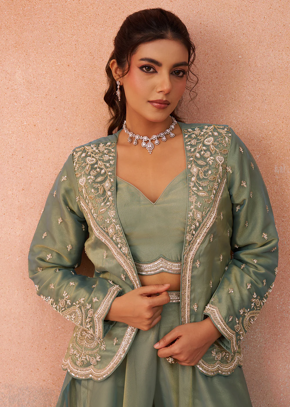 Green Tissue Indo Western Crop Top with Embroiderd Jacket - Image 2
