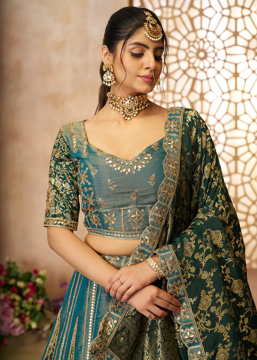 Green Tissue Net Heavy Embroidered Bridal Lehenga Choli - Image 2