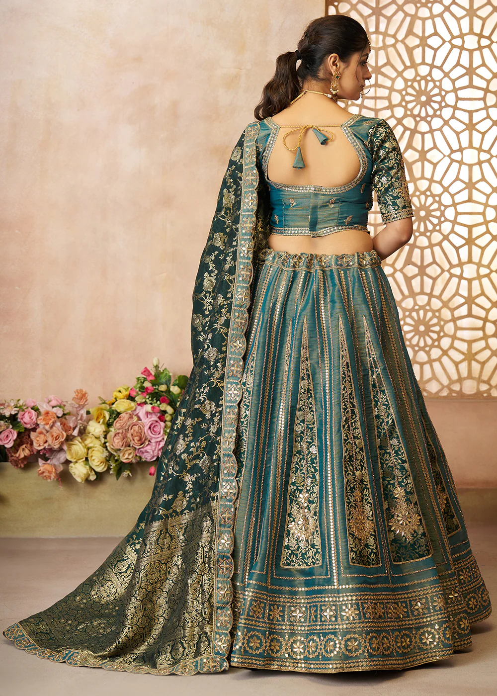Green Tissue Net Heavy Embroidered Bridal Lehenga Choli - Image 3