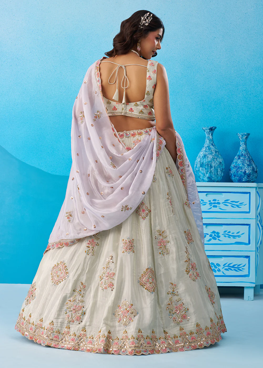 Green Tissue Sequins & Zari Embroidery Lehenga Choli - Image 3
