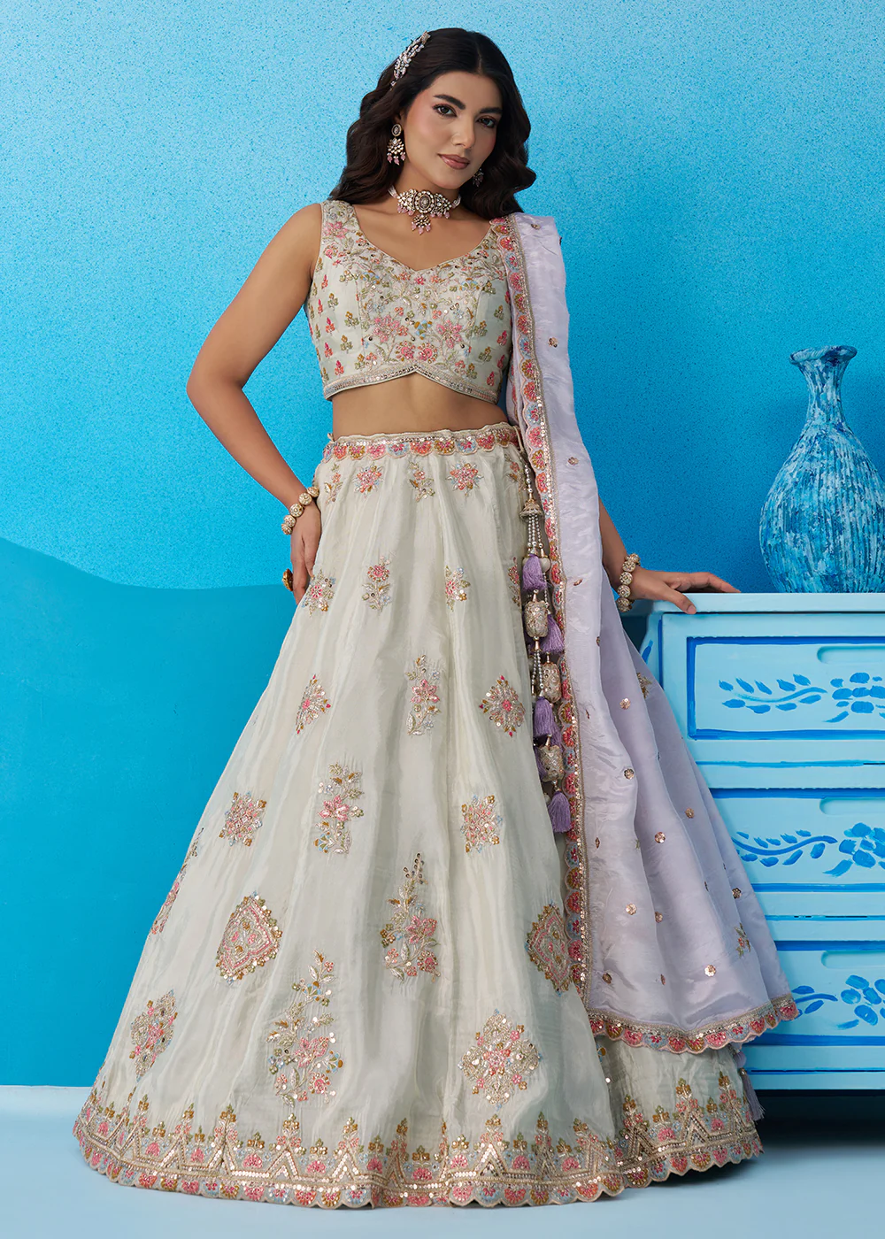 Green Tissue Sequins & Zari Embroidery Lehenga Choli - Image 4
