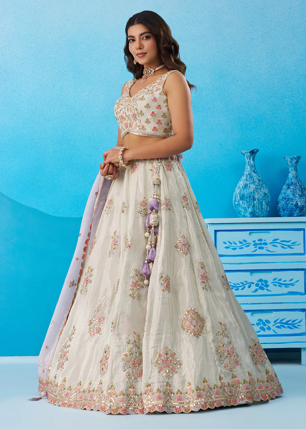 Green Tissue Sequins & Zari Embroidery Lehenga Choli - Image 5