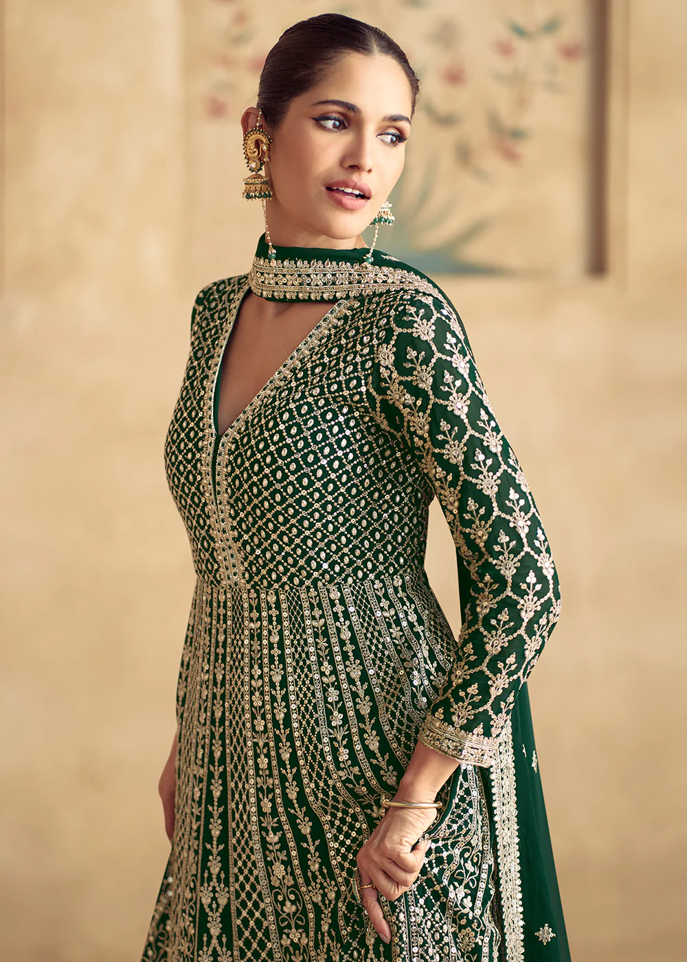 Green Traditional Embroidered Festive Anarkali Gown - Image 2