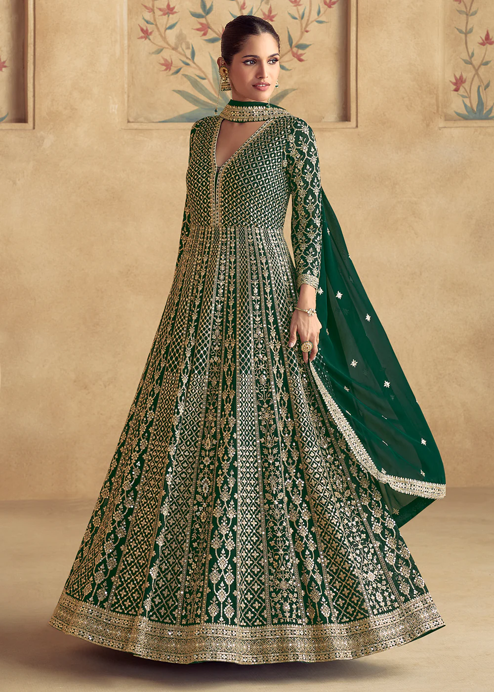 Green Traditional Embroidered Festive Anarkali Gown - Image 3