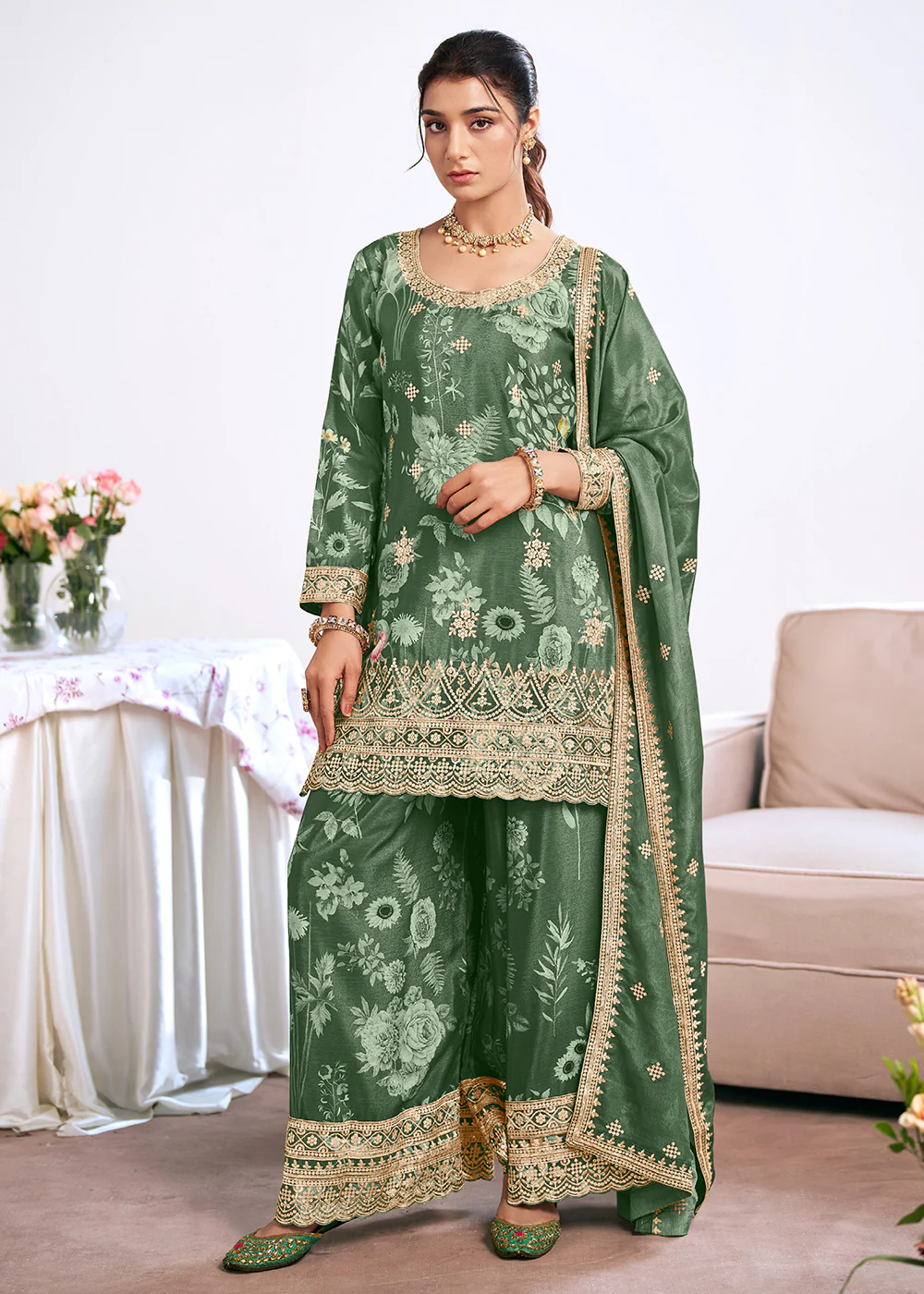 Green Trendy Digital Printed Palazzo Suit for Wedding