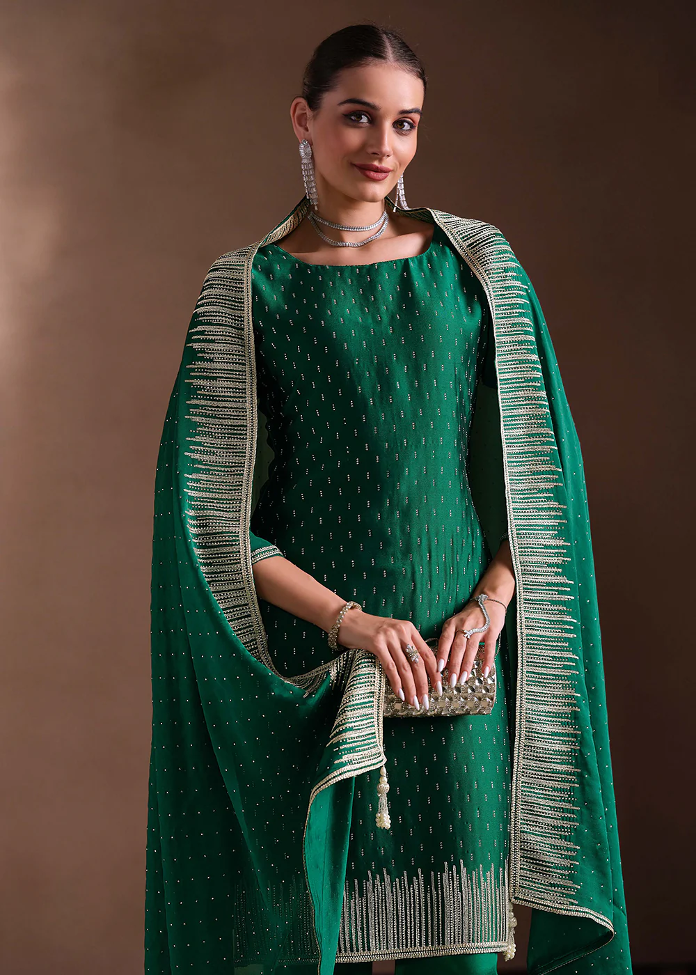 Green Two Tone Cottonic Georgette Festive Salwar Suit - Image 2